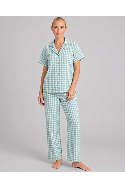 FİT WOMEN Kare Desenli Bürümçük kumaş Kısa Kollu Pijama Takımı 6065