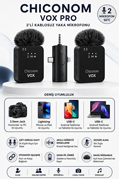 chiconom Onell Vox Pro 2’li Kablosuz Yaka Mikrofonu Type-C iPhone Android Uyumlu
