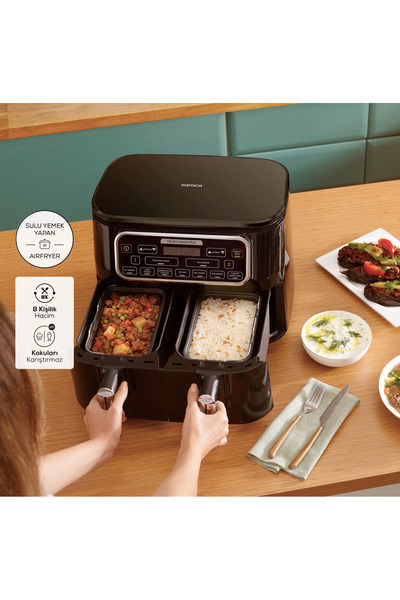 Karaca Yeni 8 Kişilik Aile Boyu Çift Hazneli Fritöz Airfryer, Ev Yemeği Fonks...