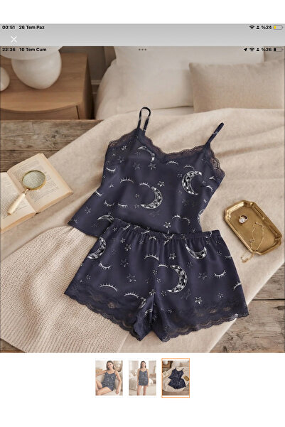 EU Tekstil Ay ve Yıldız Desenli ,Dantel Detaylı Askılı Şortlu Pijama Takımı
