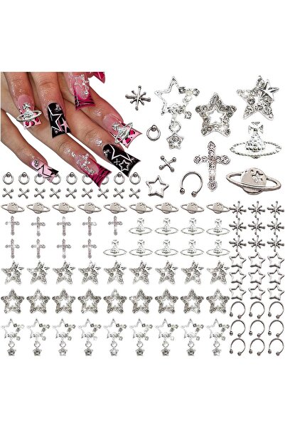 Choice XTZ-01 70PCS Star Nail Charms for Acrylic Nails,Silver Star Planet Cro...