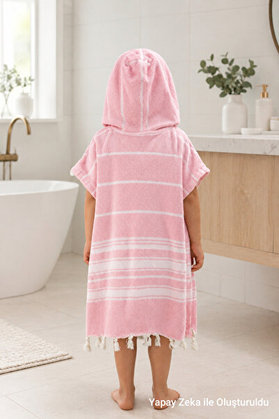 HOMENUP Cotton Children's Bathrobe Poncho Peshtemal 100% Cotton Beach Towel Pink