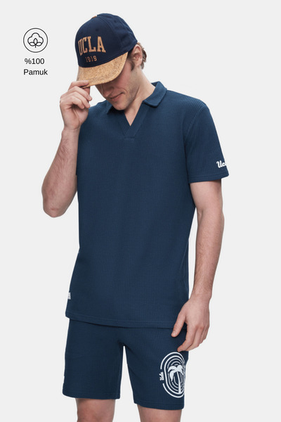 UCLA Russel Navy Blue Polo Collar Printed 100% Cotton Standard Fit Men's Tshirt