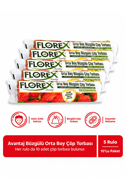 Florex Büzgülü Çilek Kokulu Orta Boy Çöp Poşeti - 5 Rulo 55*60