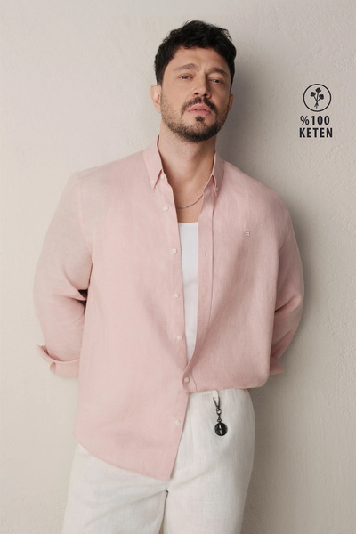 Avva Erkek Koyu Pembe Düğmeli Yaka %100 Keten Comfort Fit Gömlek B002191