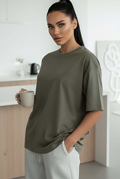 Millionaire Haki Basic Düz Baskısız Oversize Salas Boyfriend Kadın T-Shirt