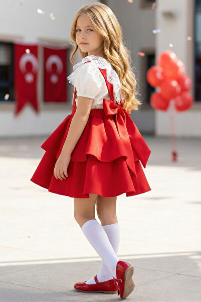 Parla Kids Kız Çocuk Helen Kırmızı Askılı Bağlama Jile 29 Ekim Elbise Ekru Da...