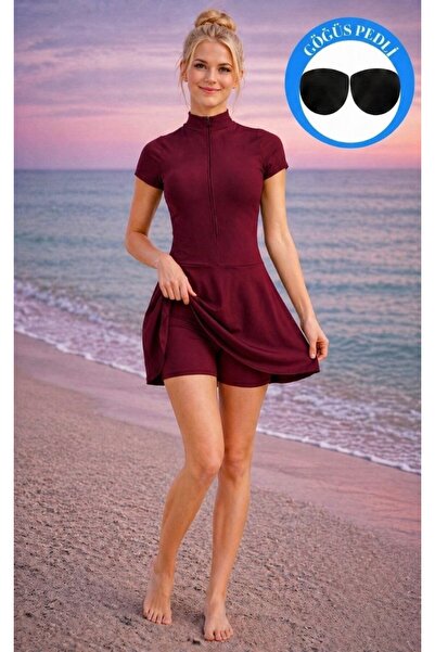 Maison La Femme Γυναικείο μαγιό σε χρώμα μπορντό με σορτς φούστα, με ενίσχυση...