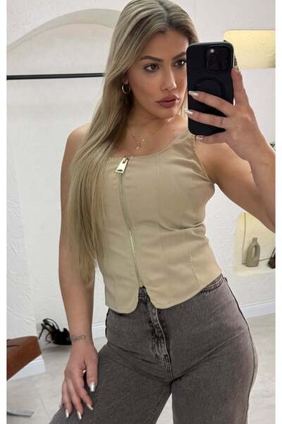 liya butik Taba Fermuarlı Nubuk Bluz