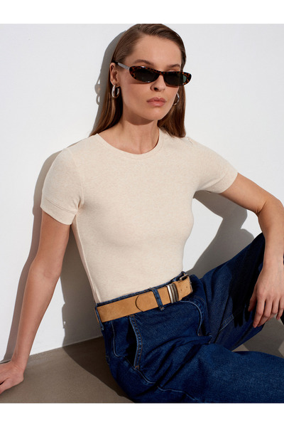 Dilvin 32637 T-Shirt με λαιμόκοψη ποδηλάτου-Μπεζ Μελανζέ