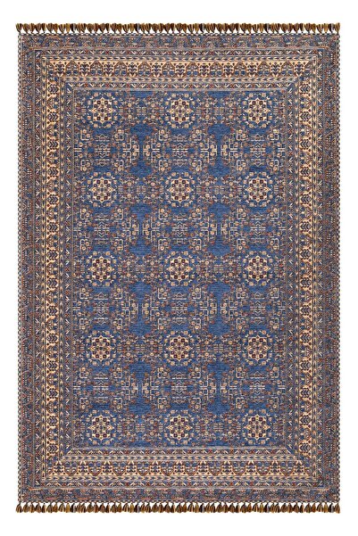 SULTAN HALI Mavi Renkli Afgan Tarzı Altı Kaymaz Yıkanabilir Şönil Kilim