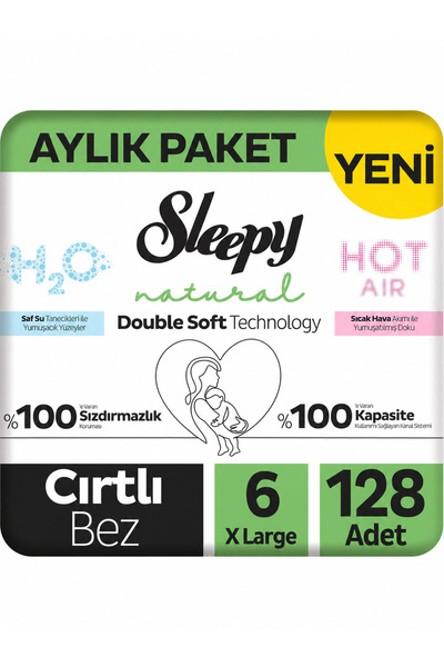Sleepy Natural Double Soft Aylık Paket Bebek Bezi 6 Numara Xlarge 128 Adet