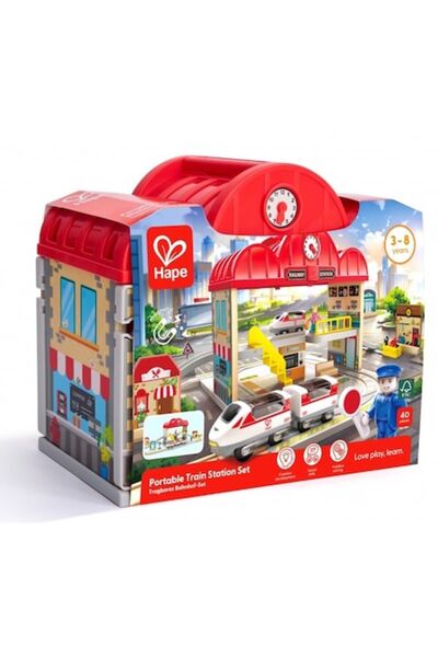 Hape Set de trenulețe din lemn cu gară portabilă și figurine, 3-8 ani