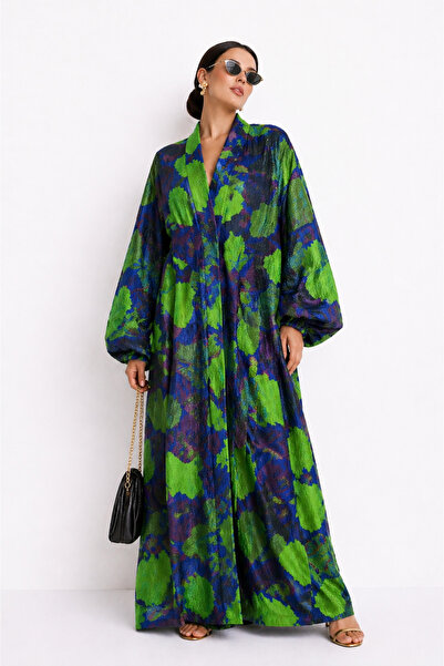 Marever Fashion Yeşil Mavi Brokar Kaftan – İpek Dokulu Oversize Kimono Abaya ...