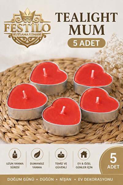 FESTİLO Tealight Mum 5 Adet Kalp Kırmızı Yuvarlak Kırmızı Beyaz Dekoratif Mum