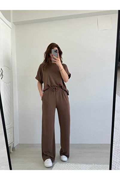 SKYMOOD Μοντέρνο κοντομάνικο άνετο σετ φόρμας σε καφέ χρώμα