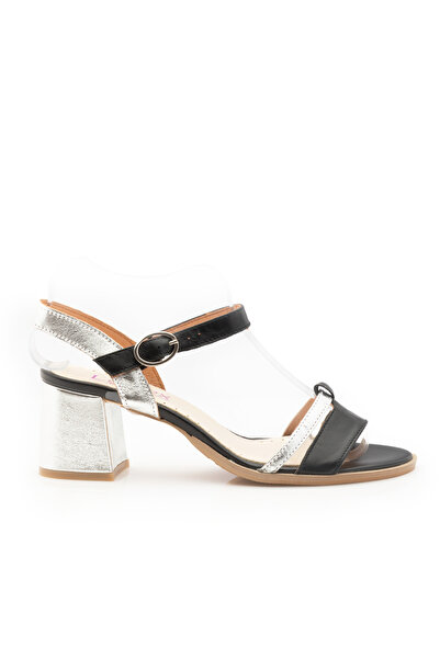 UrbanShoes Sandale cu toc damă din piele naturală, Leofex - 127-2 Negru Argin...