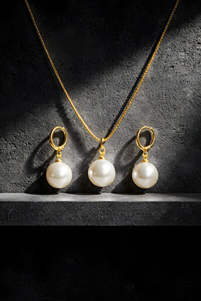 NBS Beautiful Naturel Stones Lüks İnci Kolye ve Küpe Seti - Kararmaz Gold Kap...