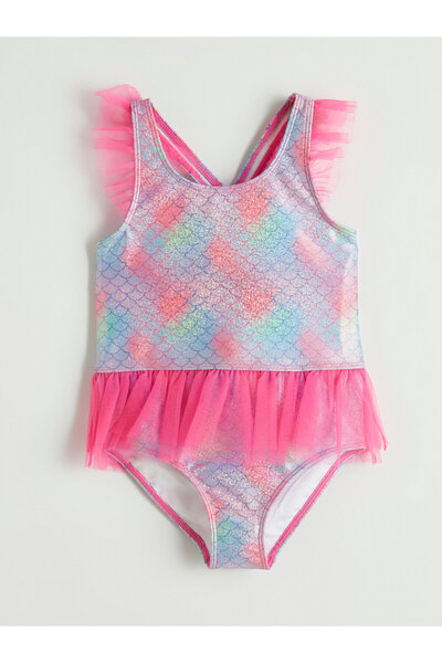 LC Waikiki Costum de baie pentru fete, cu volane din tul cu model
