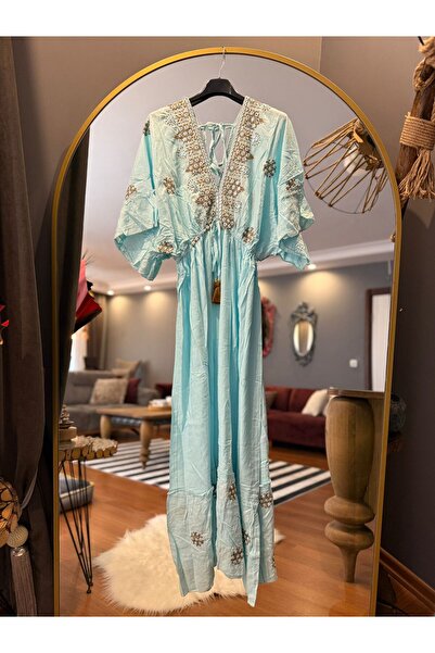 moda gk Nakış Detaylı İçi Astarlı Keten Helen Elbise-turkuaz
