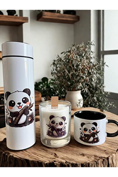TEDİKS Sevimli Panda Hediye Seti – Termos, Kupa ve Mum Özel Kutulu Hediye Pak...