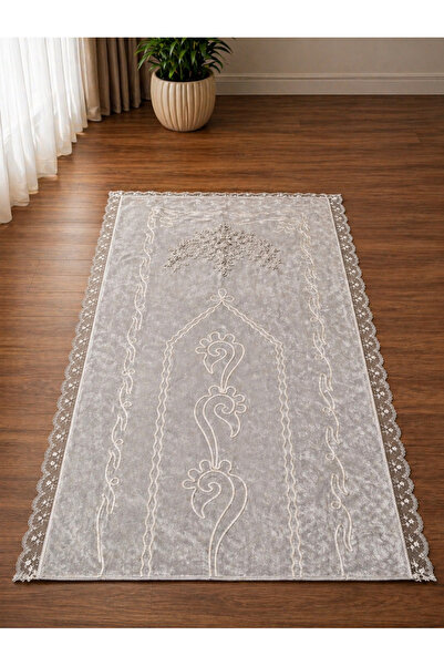 Hig Store Elegance Kadife Fransız Güpürlü Nakışlı Seccade.gri. 70x110