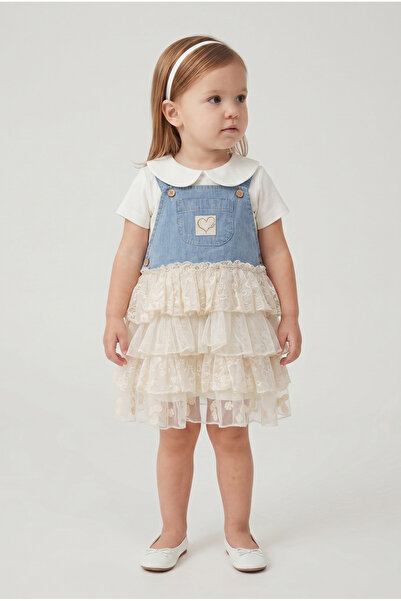 Minipomes Baby Girl Tulle Skirted Denim Dress Set Blue