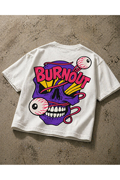 YOLO STREET Unisex Oversize Beyaz Tişört Burnout Kuru Kafa Baskılı amuk Stree...