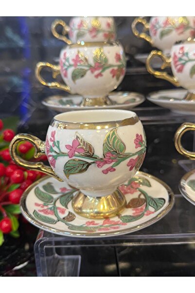 LOKMAN ZÜCCACİYE SHOWROOM 6 KİŞİLİK PORSELEN PEMBE ÇİÇEK MOTİFLİ KAHVE FİNCAN...