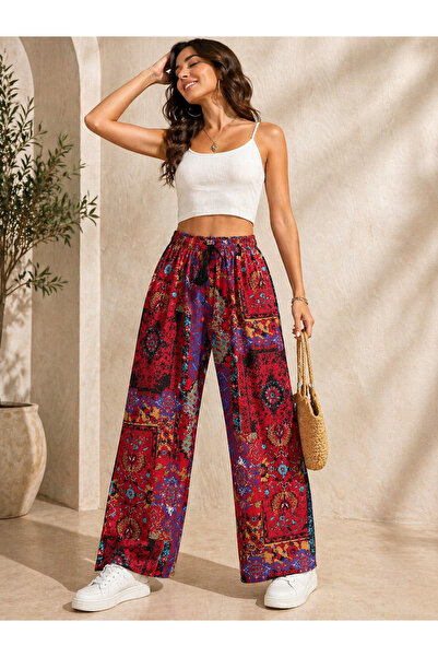 Melff Women's Patterned Woven Viscose Wide-Leg Trousers with Comfortable Cut ...