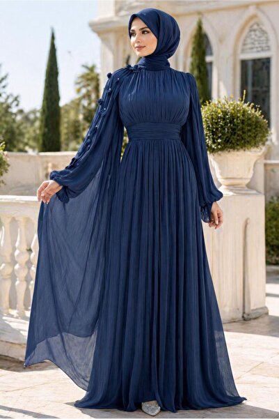 TRENDTESETTÜR KADIN LACİVERT PELERİNLİ ŞİFON ABİYE ELBİSE T 6663