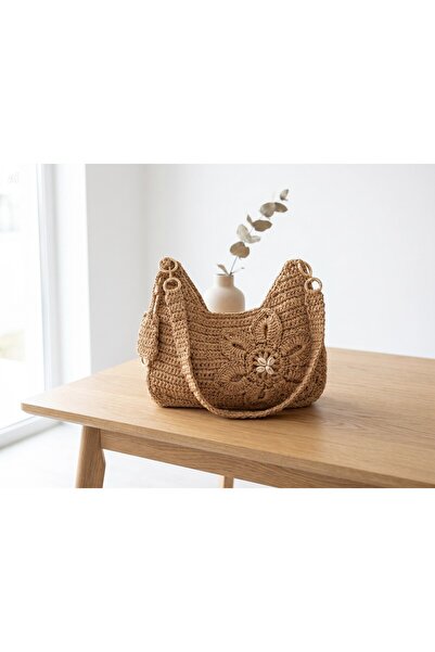 Meya design Women's Hand-Knitted Floral Detailed Shoulder Bag - Beige (19X30 cm)