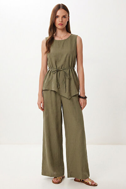 Lovelyİstanbul Asymmetrical Linen Suit with Tie Detail Lby0057 Khaki