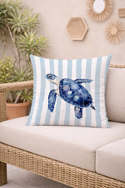 Evmila Blue Sea Turtle Striped Double-Sided Printed Suede Decorative Throw Pi...