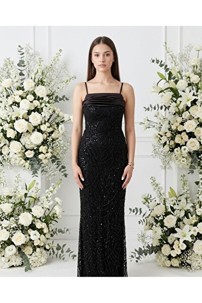 MBK Fashion İnci İşlemeli Askılı Yırtmaçlı Uzun Abiye Elbise Siyah
