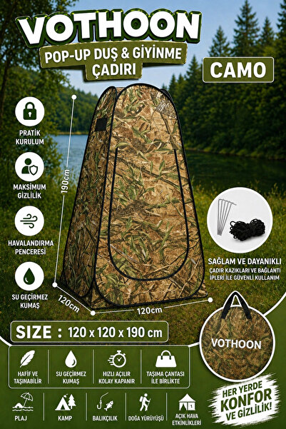 Vothoon Otomatik Kabin Giyinme Çadırı 120x120x190 cm Üst Havalandırma Yan Pen...