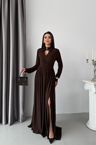 Serica Moda Καφέ φόρεμα με κουμπιά στο λαιμό και λεπτομέρεια δεσίματος στην π...