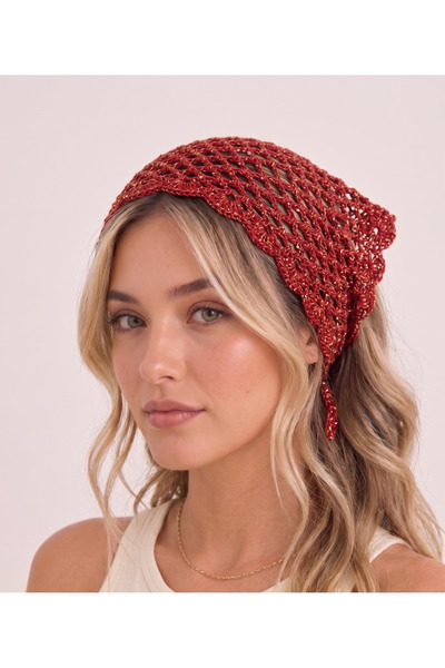 lunera %100 Pamuk Ajurlu El Örgüsü Bandana – Kırmızı Ebruli, Pullu Saç Bandı ...
