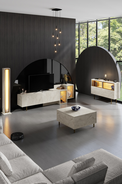 Modatte TENON 213.2 cm TV ÜNİTESİ RGB LED IŞIKLI GOLD DEMİR AYAKLI RAFLI DOLAPLI TRAVERTEN TV SEHPASI