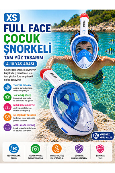 OpenCity Mavi Beyaz Çocuk Full Face Şnorkel Maske XS Tam Yüz Dalış Maskesi Ta...