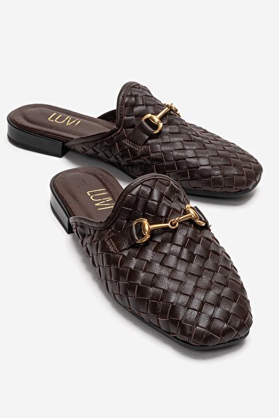 LuviShoes Senia Brown Knitted Genuine Leather Buckle Closed-Front Women's Sli...