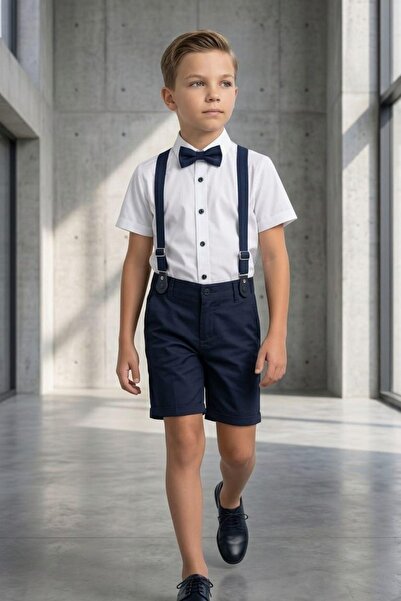 Pina Kids Boy's Two-Piece Set with Straps, Bow Tie, Short Sleeves, and Shorts
