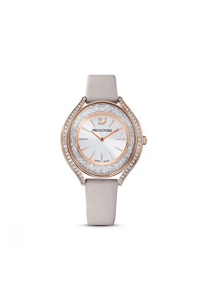 Swarovski Crystalline Aura Saat Deri Kayiş Gri Pembe Altin Rengi Kaplama