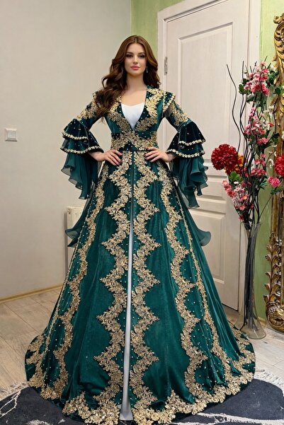 ZK ZÜMRÜT KAFTAN Yeşil Renk Gold Yaprak Model İşlemeli Kına Gelin Kaftanı
