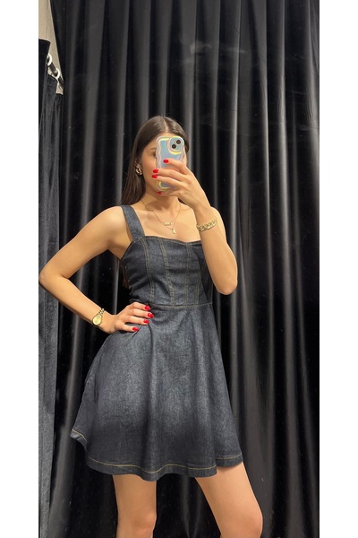 Liora Luxe Yeni Sezon Askılı Mini Denim Elbise | Fit Kalıp Şık Tasarım