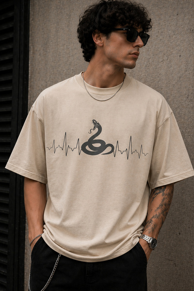 ArtYus Snake and Pulse Line Print Unisex Oversize T-Shirt – Cotton Crew Neck ...
