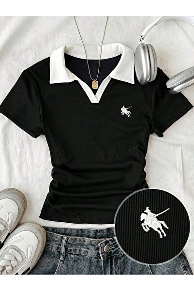 Gofeel Solo Polo Yaka Nakışlı Büzgülü Bluz