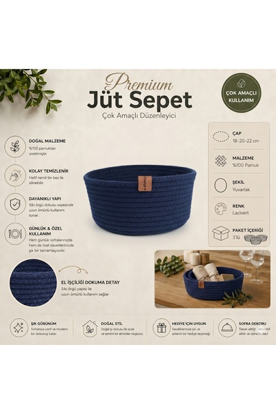 Fabrix Home 3-Piece Round Decorative Cotton Basket Set Navy Blue Color Multi-...