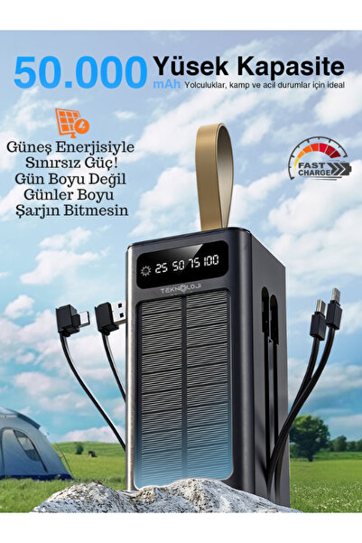 Teknoloji Gelsin 50.000 mAh Powerbank Güneş Enerjili Solar Hızlı Şarj Göstergeli El Feneri Taşınabilir Batarya 22.5W