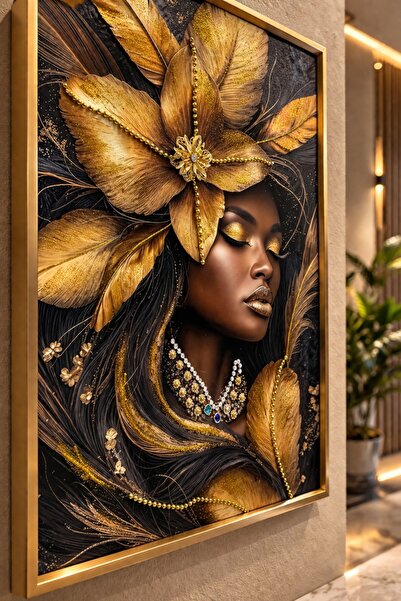 OEM African Woman with Pebbles Painting 70x50cm - Gold